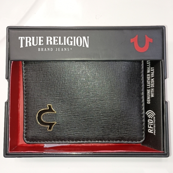 True Religion RFID Wallet Kan Horseshoe Black Leather Bifold - Picture 1 of 7